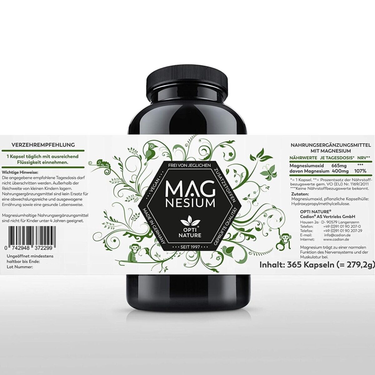 365 Magnesium Kapseln Hochdosiert | Made in Germany I hoch Bioverfügbar I VEGAN