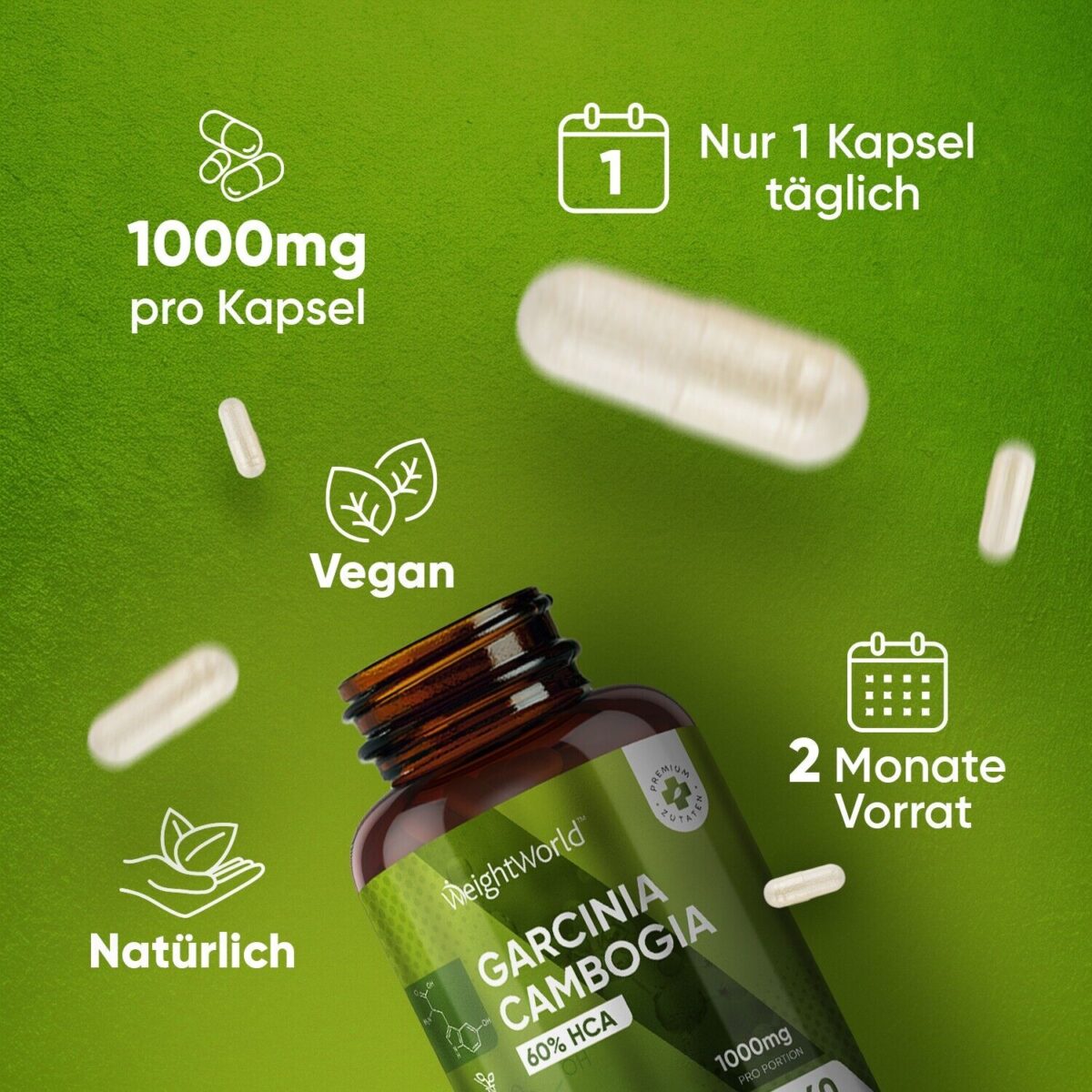 Garcinia Cambogia Pure Kapseln - 60Stk - 1000mg Garcinia Fruchtextrakt - Vegan