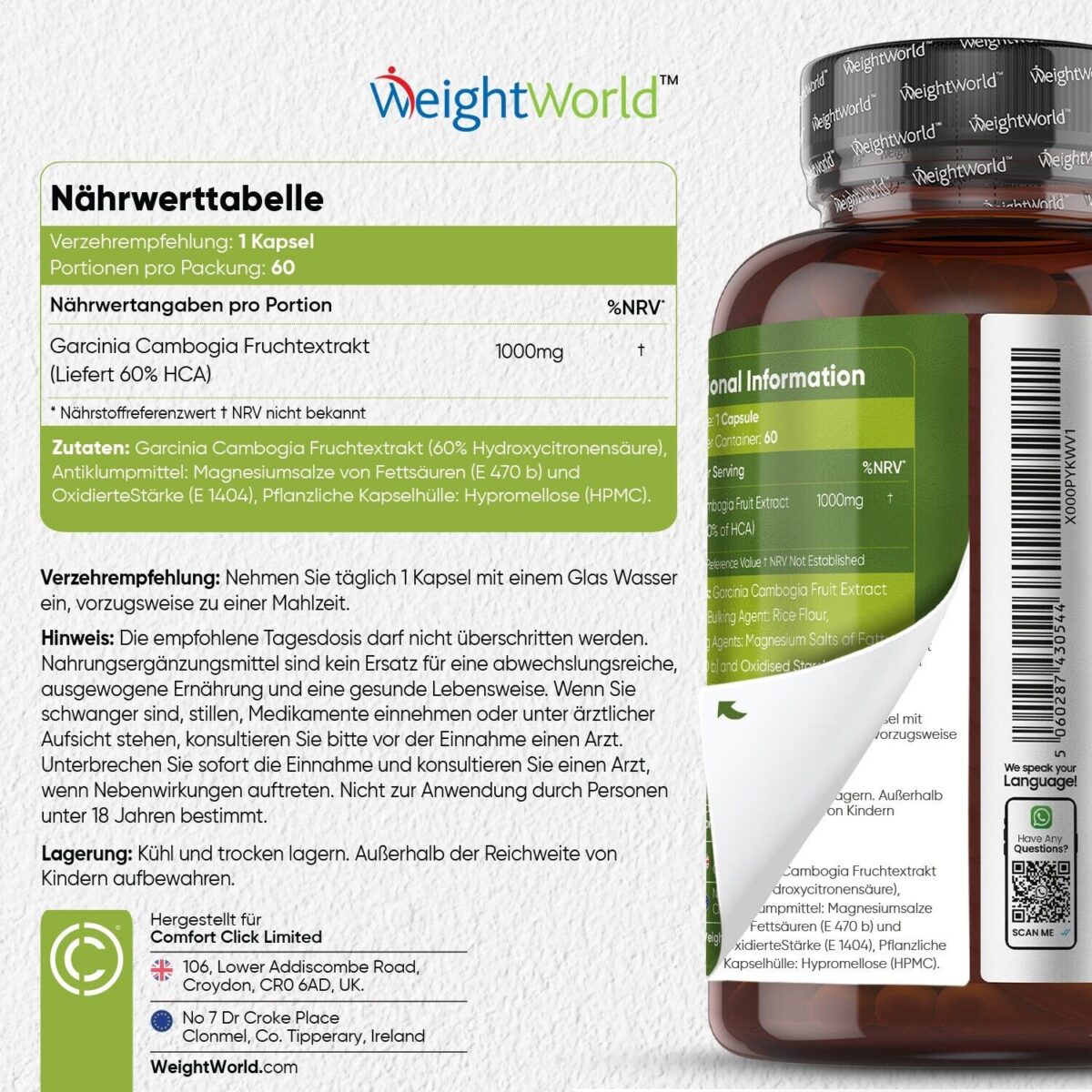 Garcinia Cambogia Pure Kapseln - 60Stk - 1000mg Garcinia Fruchtextrakt - Vegan