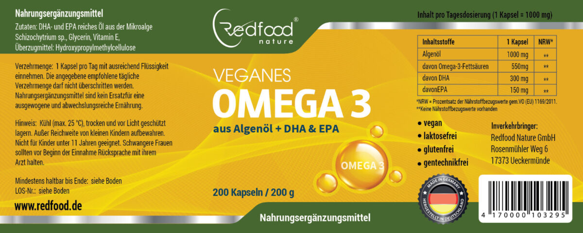Omega 3 Kapseln aus Algenöl - Vegan - 200 Kapseln 1000mg Algenöl DHA & EPA