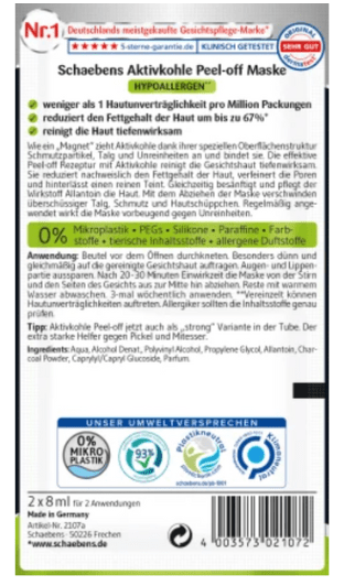 Schaebens Activated Carbon PEEL-OFF MASK 4 Masks Travel Friendly